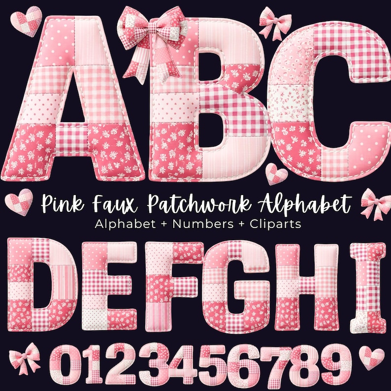 Faux Embroidered Pink Alphabet PNG Bundle, Faux Quilted Patchwork ...