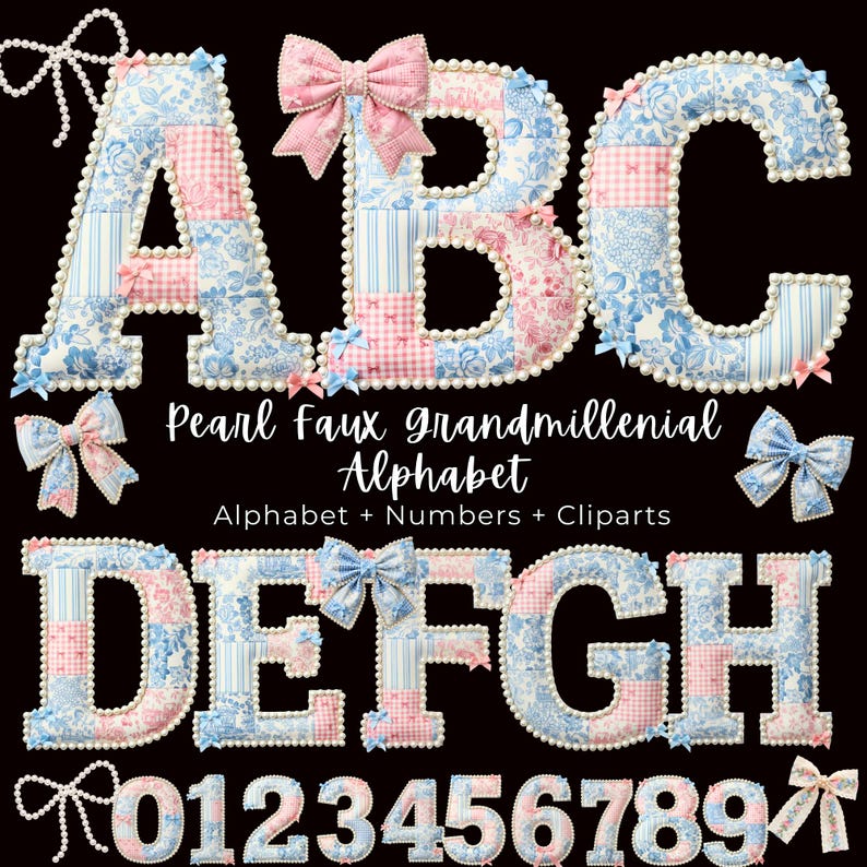 Grandmillenial Patchwork Alphabet PNG Bundle, Pearl Outline Letters ...