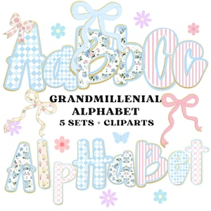 Preppy Floral Png, Grandmillenial Png, Floral Alphabet, Preppy Designs, Vintage Floral, Hand Lettered, Alphabet Bundle, Pastel Alphabet