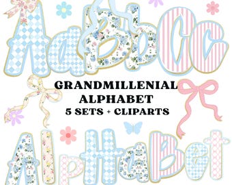 Grandmillennial Floral Alphabet PNG Bundle: Hand-Lettered Clipart