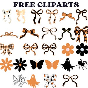 May include: A collection of Halloween-themed clip art elements. The image features various bows, flowers, butterflies, a spider web, a ghost, and a spider. The bows have different patterns and colors, including black, orange, and white. The text "FREE CLIPARTS" is at the top.