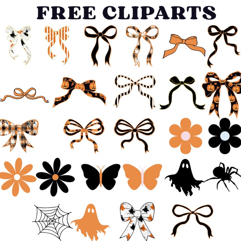 May include: A collection of Halloween-themed clip art elements. The image features various bows, flowers, butterflies, a spider web, a ghost, and a spider. The bows have different patterns and colors, including black, orange, and white. The text "FREE CLIPARTS" is at the top.