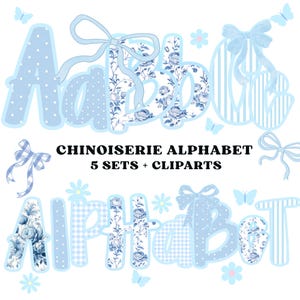 Bloemenletters, blauwe chinoiserie-clipart, Grandmillenial-png, doodle-alfabet, blauwe bloemen png, handgeletterd, alfabetbundel, pastelalfabet