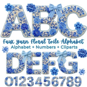 Alfabeto de toile floral azul de hilo sintético, paquete de alfabeto ABC, letras y números estilo chinoiserie, clipart floral vintage, juego de letras para sublimación