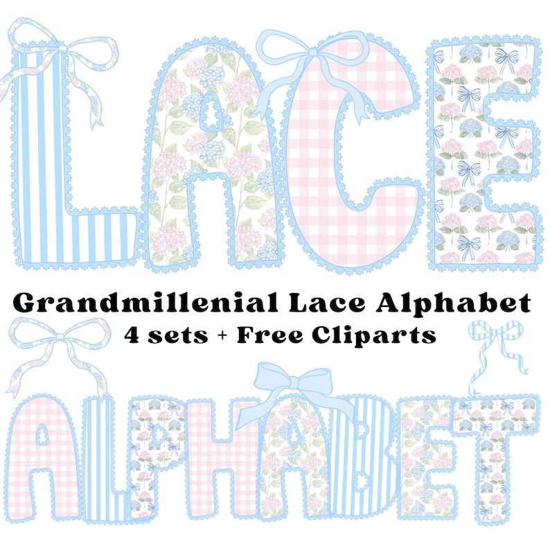 K&ouml;nnte beinhalten: Ein digitales Grafikdesign mit den W&ouml;rtern "LACE" und "ALPHABET" in einer verspielten Schriftart. Die Buchstaben sind mit floralen Mustern, Vichy-Karo und Streifen in Pastellblau und Rosa verziert, mit Spitzenbesatz und Schleifen. Der Text "Grandmillenial Lace Alphabet" ist ebenfalls enthalten.