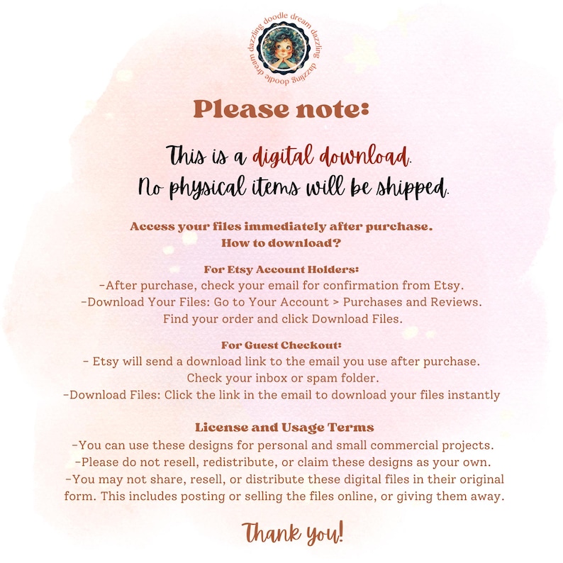 May include: A digital download announcement with text in brown and black. The text includes "Please note: This is a digital download. No physical items will be shipped." Instructions on how to download are also included.