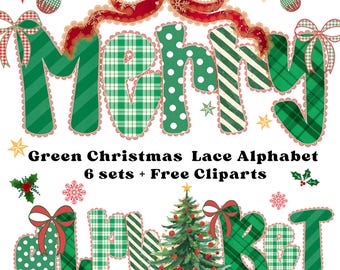 Coquette Christmas Alphabet Lace PNG Font Set – Red, Green Holiday Letters + Numbers + Clipart – Preppy Font for Sublimation Girly Crafts