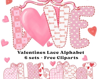 Valentijnsdag alfabet PNG-lettertypebundel met hartenstriknummers en schattige roze liefde-clipart voor sublimatieambachten en ontwerpen