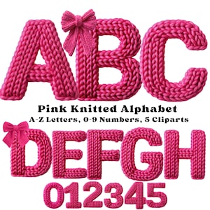 May include: A collection of pink knitted alphabet letters and numbers. The letters A, B, C, D, E, F, G, and H are displayed, along with the numbers 0, 1, 2, 3, 4, and 5. Each letter and number is made of a thick, textured yarn. The text "Pink Knitted Alphabet" is also visible.
