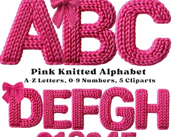 Pink Knitted Alphabet Clipart, Cozy Yarn Letters A-Z & Numbers 0-9, Crochet Font PNG, Chunky Knit Letters, Faux Yarn Png, Digital Download