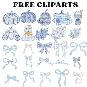 May include: A collection of blue and white fall-themed clip art. The image includes pumpkins, leaves, bows, a ghost, a carriage, and a coffee cup. The pumpkins and leaves have a floral pattern with orange accents. The text "FREE CLIPARTS" is at the top.