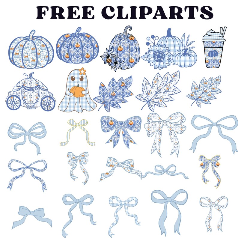 May include: A collection of blue and white fall-themed clip art. The image includes pumpkins, leaves, bows, a ghost, a carriage, and a coffee cup. The pumpkins and leaves have a floral pattern with orange accents. The text "FREE CLIPARTS" is at the top.