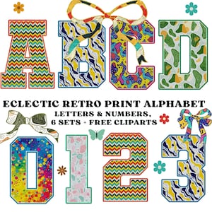 Impression rétro de l'Alphabet PNG, ensemble lettres et chiffres universitaires, police Doodle groovy, clipart lettre géniale, lettrage coloré des années 70, alphabet Doodle Png