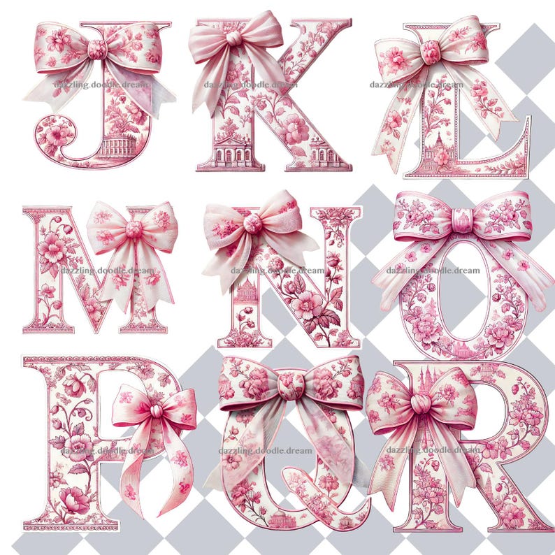 May include: Pink and white floral alphabet letters with pink bows. The letters are J, K, L, M, N, O, P, Q, and R.