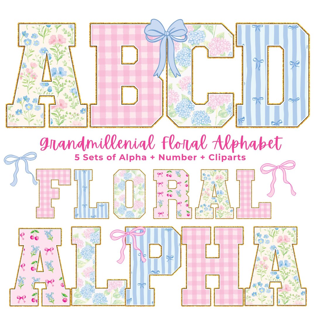 Floral Preppy Glitter Alphabet PNG, Grandmillennial Coquette Boho ...