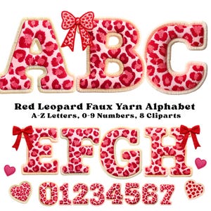 May include: A collection of red leopard print alphabet letters, numbers, and heart-shaped clip art. The letters A, B, C, E, F, G, and H are displayed, along with the numbers 0 through 7. Each design features a cream-colored border and a red bow.