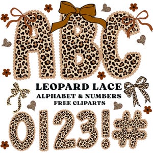 Puede incluir: Letras del alfabeto A, B y C con estampado de leopardo, junto con los números 0, 1, 2 y 3, un signo de exclamación y un símbolo de almohadilla. Las letras y los números están delineados con un ribete de encaje beige y decorados con lazos y corazones marrones. También se incluye el texto "LEOPARD LACE ALPHABET & NUMBERS FREE CLIPARTS".