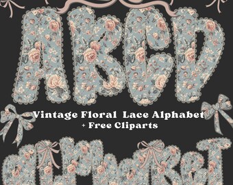 Vintage Floral Lace Alphabet PNG Bundle, Shabby Chic Letters, Retro Floral Monogram, Grandmillennial Alphabet, Pastel Lace Font Clipart