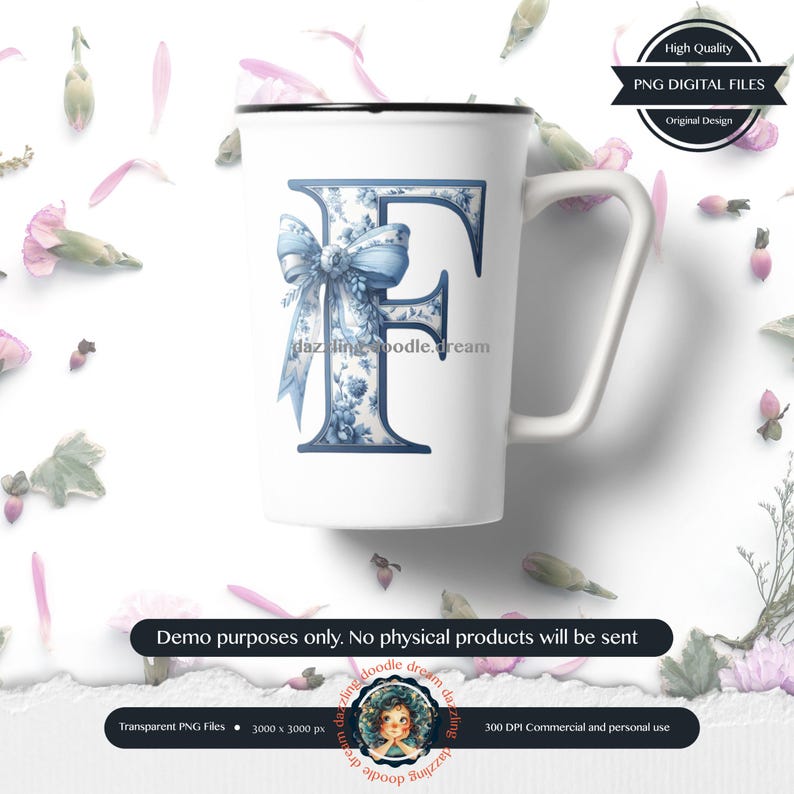 Chinoiserie Blue Toile letter with a delicate coquette bow, featuring an elegant vintage design in blue and white, perfect for monograms, personalized decor, and digital art projects.