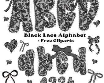 Paquete PNG de alfabeto de encaje negro, clipart de letras vintage manuscritas estilo doodle con números y lazos gratis, fuente de encaje PNG para scrapbooking, boda