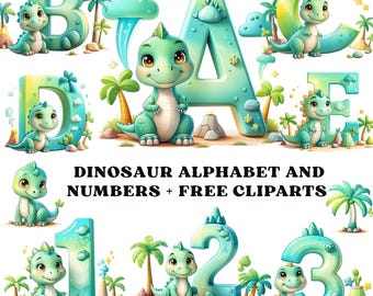 May include: A collection of whimsical dinosaur-themed alphabet letters and numbers in shades of teal and green. Each letter and number features a friendly cartoon dinosaur, palm trees, and clouds. The text "DINOSAUR ALPHABET AND NUMBERS + FREE CLIPARTS" is also included.