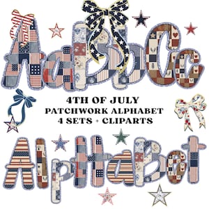 Peut inclure: Alphabet patchwork du 4 juillet : Quatre ensembles de lettres de l'alphabet patchwork rouge, blanc et bleu avec des étoiles et des nœuds. Les lettres sont soulignées de bleu et ont un effet brillant.