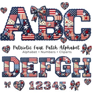 Paquete de PNG de alfabeto patriótico con efecto patchwork, letras vintage de la bandera estadounidense con lazos coquetos, imágenes prediseñadas para el 4 de julio y el Día de la Independencia.