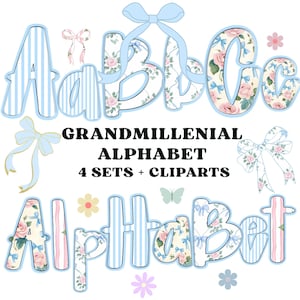 Grandmillenial Png, Blumenalphabet, adrette Designs, Alphabet Png, Weinleseblumen, Hand beschriftet, Alphabet Bundle, Blumen Png, Pastell Alphabet