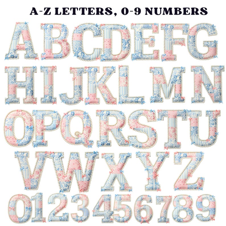 Grandmillenial Patchwork Alphabet PNG Bundle, Pearl Outline Letters ...