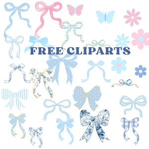 May include: A collection of watercolor clip art elements, including bows, butterflies, and flowers in shades of blue, pink, and gold. The text "FREE CLIPARTS" is displayed in a dark blue font.