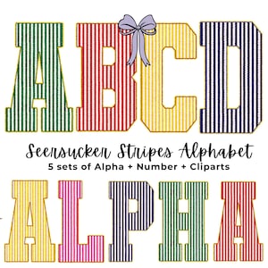 Può includere: Un design alfabetico colorato con strisce seersucker verdi, rosse, gialle e blu. Le lettere sono bordate d'oro e includono un fiocco decorativo. È presente anche il testo "Seersucker Stripes Alphabet".