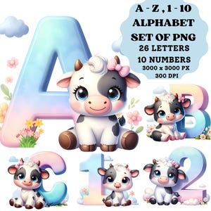 Letras de vaca, linda vaca Png, letras de animales, decoración de vaca, alfabeto de vaca, cumpleaños de niños Png, paquete de alfabeto, clipart del alfabeto, alfabetos de sublimación