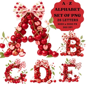 Puede incluir: Conjunto de alfabeto A-Z de 26 letras hechas de cerezas rojas con lazos de lunares blancos. Cada letra mide 3000 x 3000 píxeles y 300 DPI.
