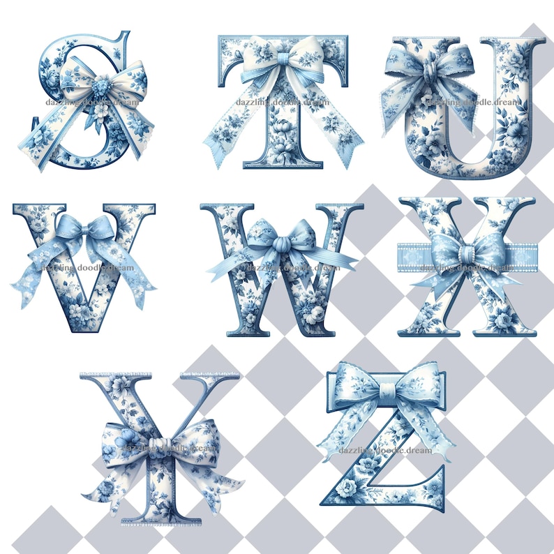 Chinoiserie Blue Toile letter with a delicate coquette bow, featuring an elegant vintage design in blue and white, perfect for monograms, personalized decor, and digital art projects.