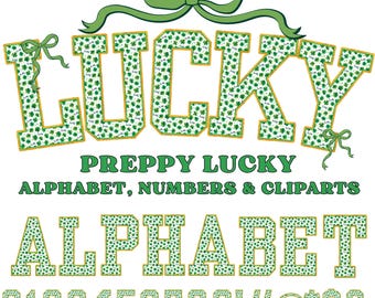 Alfabeto fortunato Preppy PNG, design retrò per la festa di San Patrizio, lettere di San Patrizio dalla A alla Z e numeri da 0 a 9, trifoglio PNG, download digitale