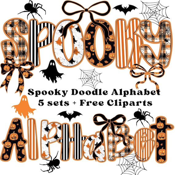 Spooky Letters, Halloween Letters, Bat Ghost Pumpkin, Preppy Letters,Spooky Season,Hand Drawn Letters,Halloween Font Png,Doodle Alphabet Png