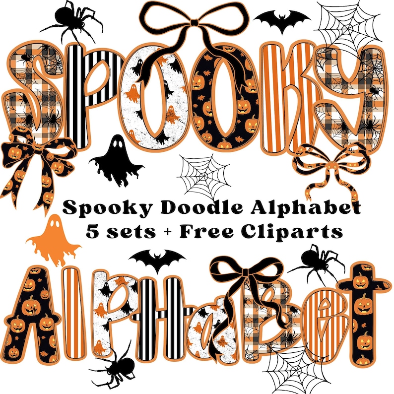 May include: A digital design featuring the word "SPOOKY" and "ALPHABET" in a Halloween theme. The letters are decorated with pumpkins, spiders, and plaid patterns. Includes additional clip art of ghosts, bats, and spiderwebs.