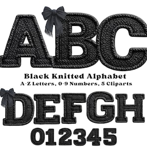 Op de afbeelding: Zwarte gebreide letters en cijfers. De letters A, B, C, D, E, F, G en H, samen met de cijfers 0, 1, 2, 3, 4 en 5, worden getoond. Elk teken heeft een gebreide uitstraling. De tekst "Black Knitted Alphabet" is ook aanwezig.