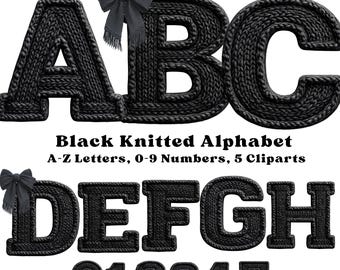 Zwart gebreide alfabet clipart, gezellige garenletters A-Z en cijfers 0-9, gehaakt lettertype PNG, grof gebreide letters, nepgaren png, digitale download