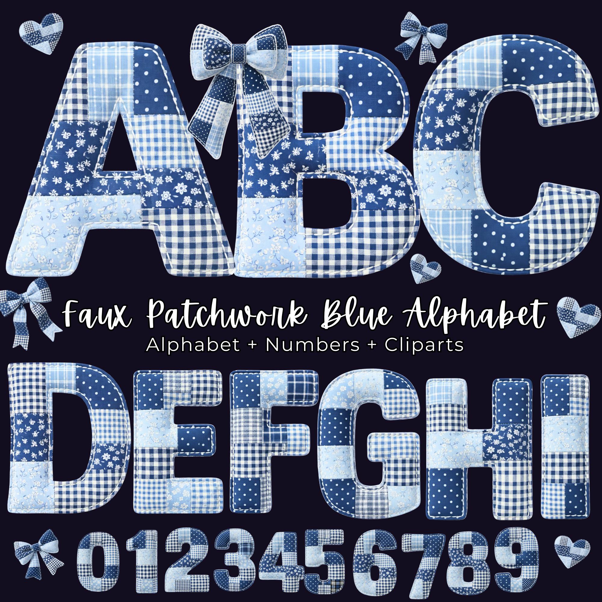 Faux Embroidered Blue Alphabet PNG Bundle, Faux Quilted Patchwork ...