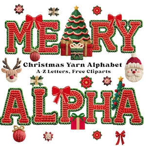 May include: A festive Christmas-themed graphic with the words "MERRY" and "ALPHA" in red, knitted-style letters outlined in green. The image includes a Christmas tree, Santa, reindeer, bows, and the text "Christmas Yarn Alphabet A-Z Letters, Free Cliparts."