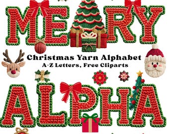 May include: A festive Christmas-themed graphic with the words "MERRY" and "ALPHA" in red, knitted-style letters outlined in green. The image includes a Christmas tree, Santa, reindeer, bows, and the text "Christmas Yarn Alphabet A-Z Letters, Free Cliparts."