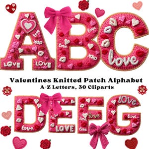 May include: A set of pink knitted alphabet letters and decorative elements for Valentine's Day. The letters A, B, C, D, E, F, and G are displayed, adorned with hearts, lips, bows, and the word "love". The image also includes the text "Valentines Knitted Patch Alphabet".