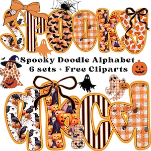 Puede incluir: Gráfico digital con las palabras "SPOOKY" y "MAGIC" en letras naranjas con patrones de Halloween. La imagen incluye fantasmas, calabazas, murciélagos, arañas y el texto "Spooky Doodle Alphabet 6 sets + Free Cliparts."