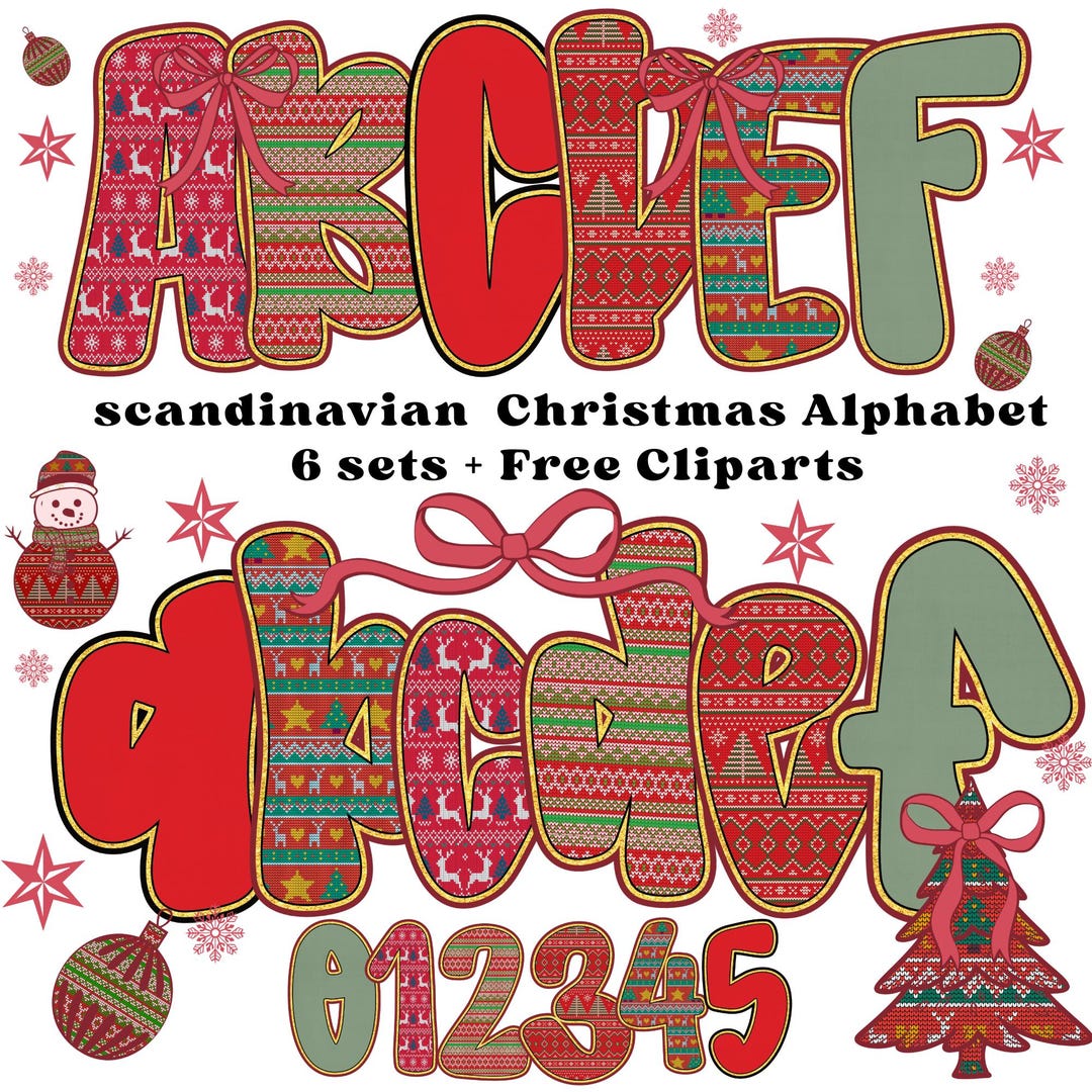 Lsle Numbers Scandinavian Christmas Alphabet PNG Bundle, Fair Isle Christmas Letters ...