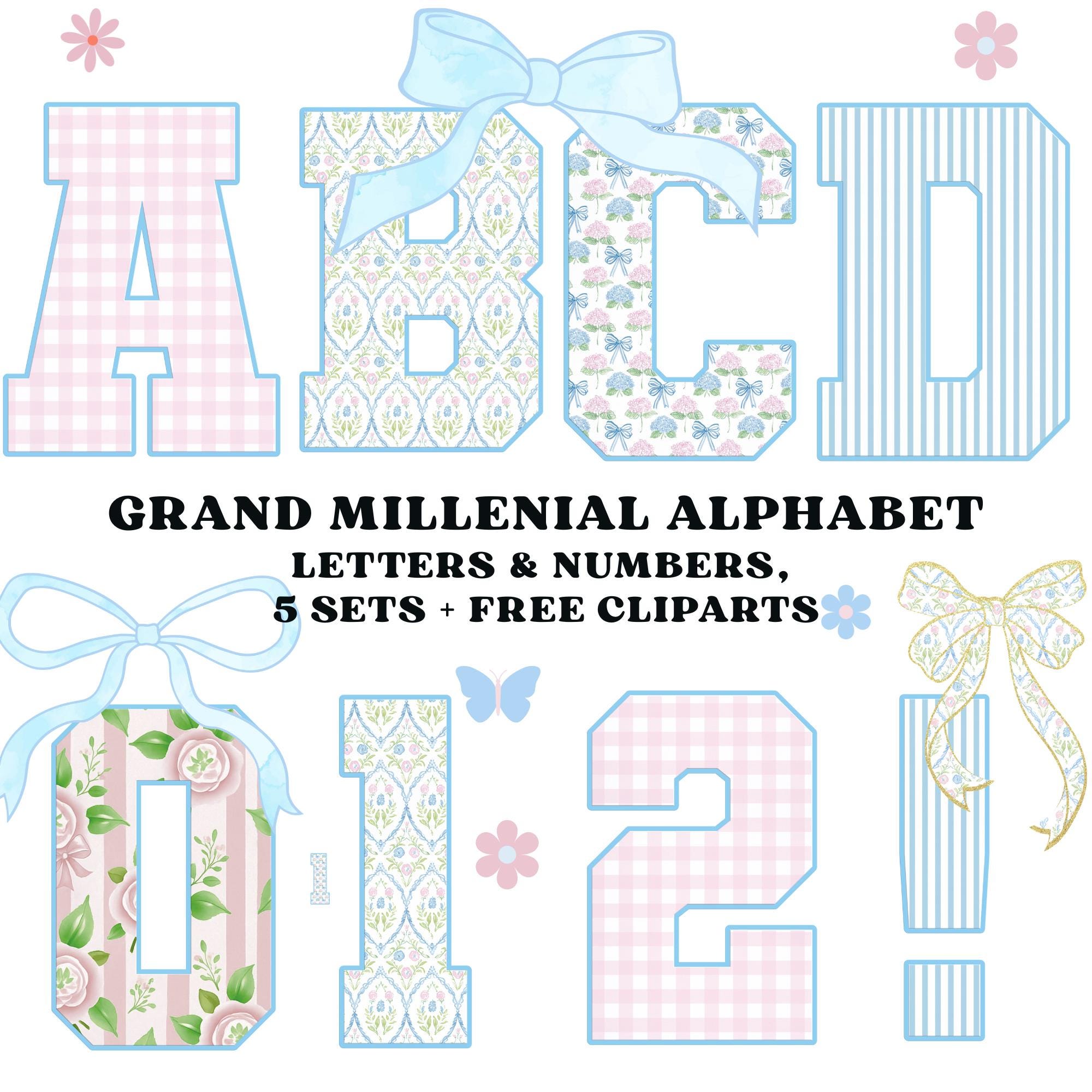 Grandmillenial PNG Floral Alphabet Bundle, Preppy Pastel Hand Lettered ...