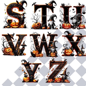 Op de afbeelding: Een verzameling Halloween-thema letters, elk met een zwart en oranje ontwerp. De letters zijn versierd met pompoenen, heksenhoeden, vleermuizen, spinnen en kabouters. De tekst "dazzling.doodle.dream" is zichtbaar op sommige letters.
