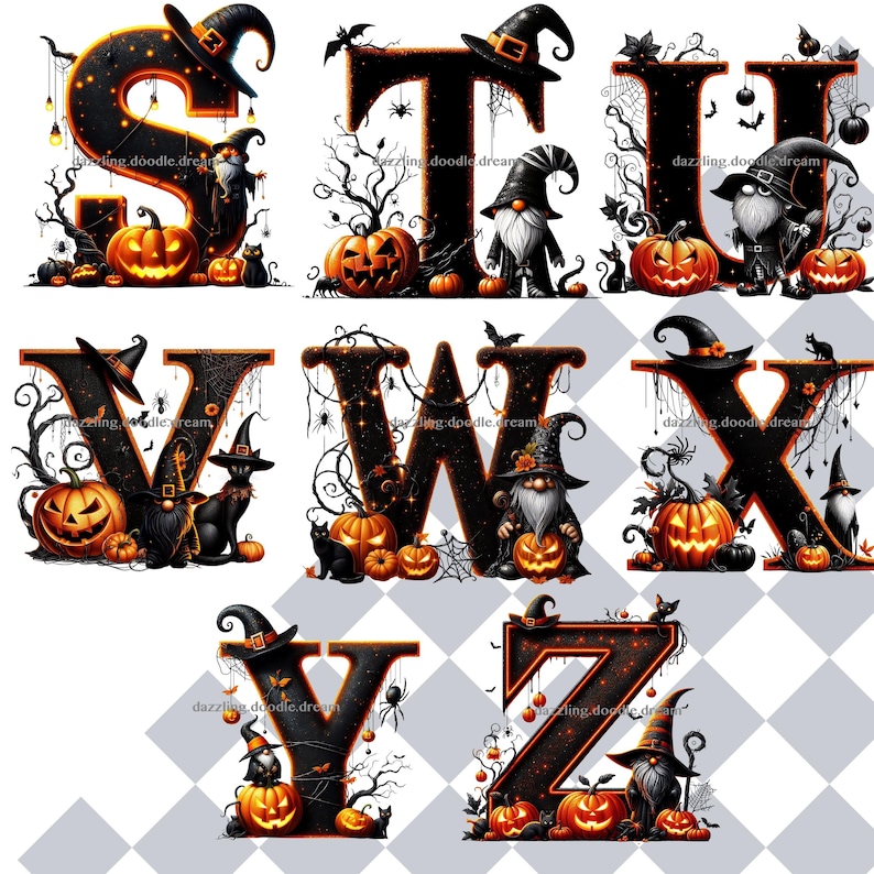 Op de afbeelding: Een verzameling Halloween-thema letters, elk met een zwart en oranje ontwerp. De letters zijn versierd met pompoenen, heksenhoeden, vleermuizen, spinnen en kabouters. De tekst "dazzling.doodle.dream" is zichtbaar op sommige letters.
