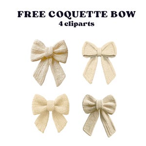 May include: Four cream-colored, knitted bows are displayed against a white background. The bows vary slightly in shape and style, with the text "FREE COQUETTE BOW" and "4 cliparts" above them.