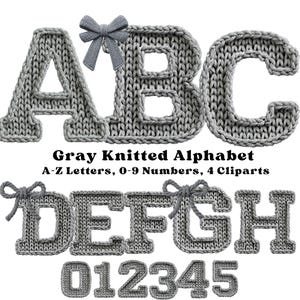 May include: Gray knitted alphabet letters and numbers. The letters A, B, C, D, E, F, G, and H are displayed, along with the numbers 0, 1, 2, 3, 4, and 5. Each letter and number is gray and has a knitted texture. Gray bows are attached to some letters.